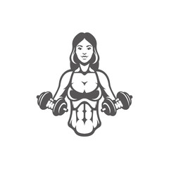 Woman bodybuilder lifting dumbbells silhouette isolated on white background vector illustration.