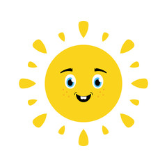 Fototapeta premium Cute cartoon style vector illustration of happy, smiling, joyful sun character for summer design.