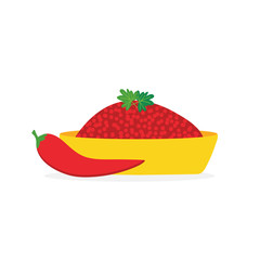 Tunisian hot chili pepper sauce or paste called Harissa in a deep bowl with hoе red pepper, vector cartoon illustration.