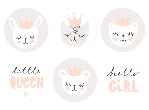 Set of Lovely Baby Girl Party Vector Decoration. 6 Round Shape Candy Bar Toppers. Bunny, Cats and Teddy Bear Wearing Pink Crown. Sweet Nursery Art. Cute Pastel Color Infantile Party Tags for Kids.
