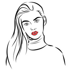 Beautiful red lips woman portrait. Vector artistic hand drawn stylish young lady portrait isolated, Beauty illustration, logo element design. Fashion poster, placard, banner.