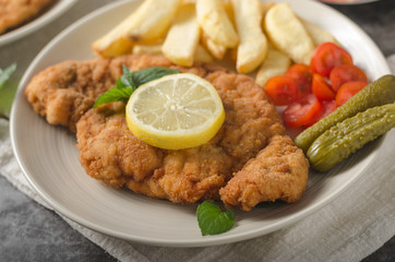 Homemade german schnitzel with pickles