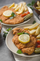 Homemade german schnitzel with pickles