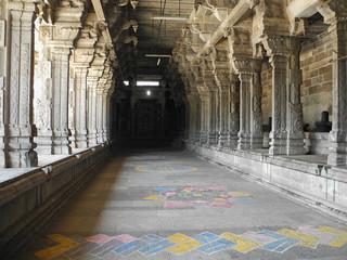 Ancient Indian temple with carved stone columns, Tamil Nadu, Kanchipuram city