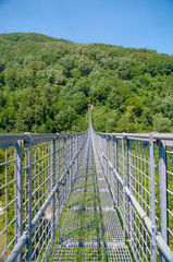 suspension bridge over the valley and the wooded mountains