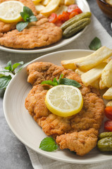 Homemade german schnitzel with pickles