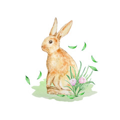 watercolor orange rabbit with leaves