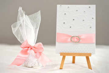 Invitation to the wedding handmade. Paper postcards with stamping on paper. Multicolored decorations.