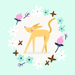 Cute vector illustration with a Dog and Floral Wreath. Lovely greeting card or a poster design. Hand drawn smiley character.