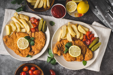 Homemade german schnitzel with pickles
