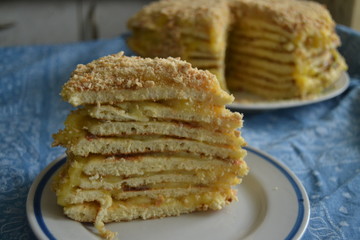 homemade cake withyellow custard.  uneven cake with crumbs on top on the blue background