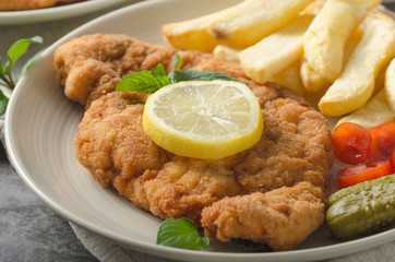 Homemade german schnitzel with pickles