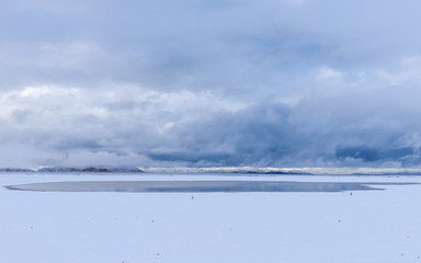 snow scene of the lake Namtso ( or Lake Nam; Nam Co), which is a mountain lake in...
