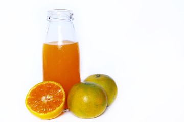 The set of bottles of orange juice,milk and drink water isolated on white background , Healthy concept