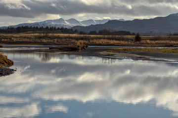 Reflection in the water clouds and mountains