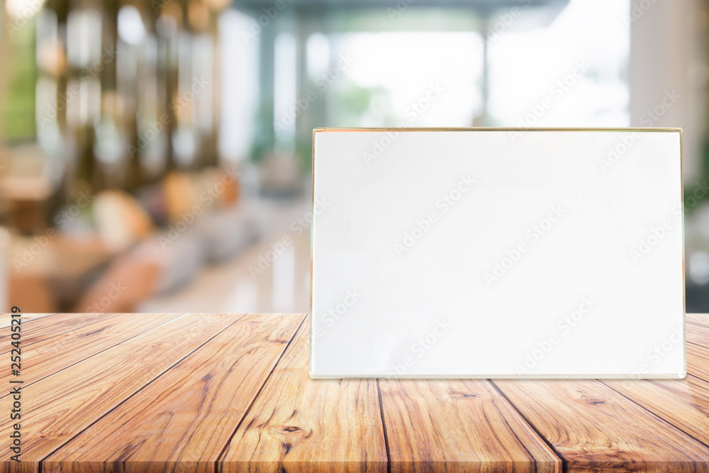 Aufkleber Stand Mock up Menu frame card or Noticeboard on blurred background interior view inside reception hotel or modern hallway for design key visual layout design