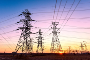 In the evening, the outline of the transmission tower