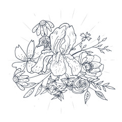 Vector Bouquet Of Hand Drawn Sketches With Plants. Botanical Set Monochrome Image Of Wild Of Sketch Flowers And Branches. Black And White Collection Elements For Coloring.