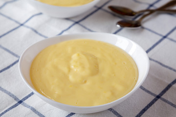 Homemade vanilla custard pudding on cloth, side view. Close-up.