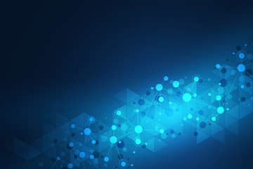 Abstract technology and innovation background with molecular structures and neural network. Molecules DNA and genetic engineering. Technical and scientific concept.