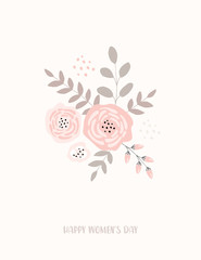 Lovely Happy Women's Day Vector Card. Simple Abstract Floral Bouquet on a Light Pink Background. Pink Flowers and Beige Twigs and Sprigs. Cute Pastel Color 8 March Illustration.