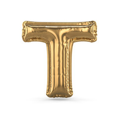 Golden letter T made of inflatable balloon isolated. 3D