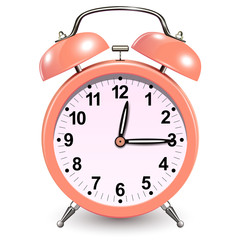 Alarm clock coral color, vector 3D icon.