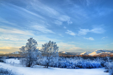Winter morning in the mountains of the southern Urals