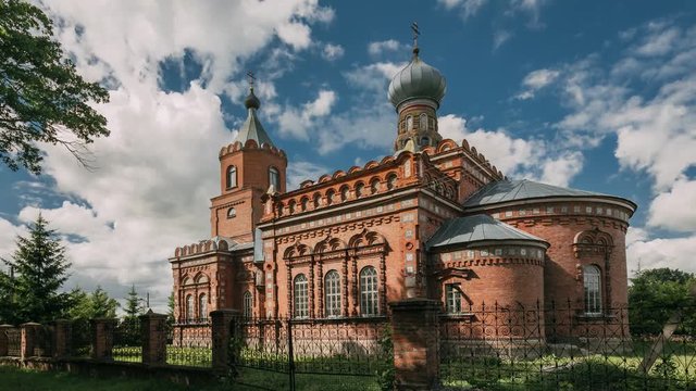 Pirevichi Village, Zhlobin District Of Gomel Region Of Belarus. All Saints Church Is Old Cultural And Architectural Monument. Time Lapse, Timelapse, Time-lapse