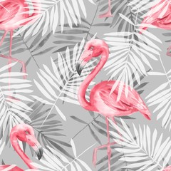 Tropisch grijs naadloos patroon met flamingo. Aquarel illustratie