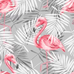  Tropisch grijs naadloos patroon met flamingo. Aquarel illustratie © Gribanessa