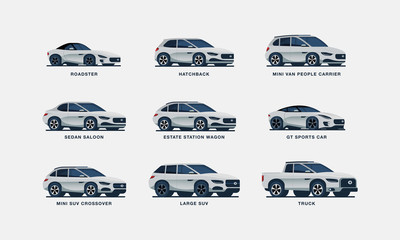 Obraz premium Set of nine clean illustrated cars, including sedan, suv, hatchback, estate, sports car, truck and mini van
