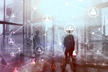 Double exposure people network structureþþ HR - Human resources management and recruitment concept.