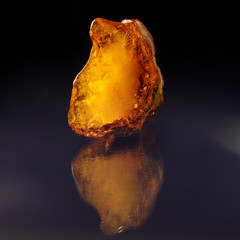 A unique piece of solar amber on a black background.