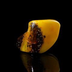 A unique piece of solar amber on a black background.