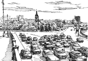 City street scene. Engrave sketch style illustration.
