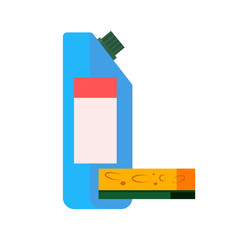 Detergent and sponge. Plastic bottle, cleanser, soap. Cleaning concept. Vector illustration can be used for topics like dish washing, chemicals, hygiene, disinfection