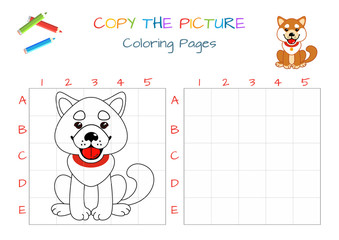 Funny little dog. Copy the picture. Coloring book. Educational game for children. Cartoon vector illustration