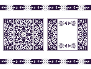 Flyer for laser cutting mandala. Vector paper card with purple, crimson lace pattern. Wedding invitations, cards and business card templates. Decorative laser cut cards for design