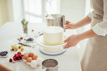 workshop of making perfect cake. master class of preparing dessert