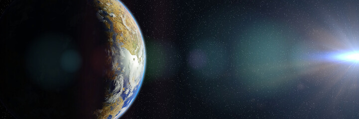 sunrise over exoplanet planet, planet around an alien star (3d space rendering banner)