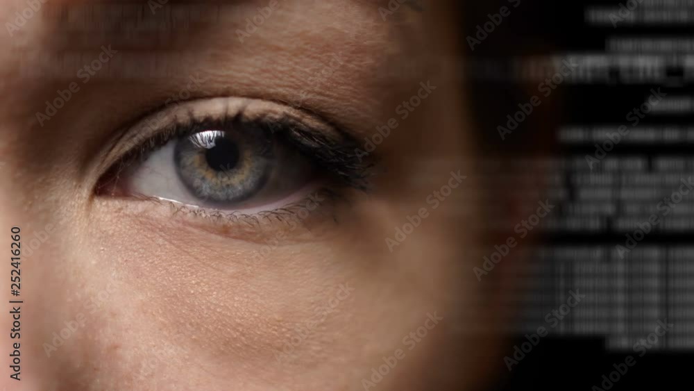 Wall mural caucasian female with tanned skin and grey eyes using artificial intelligence to analysed program co