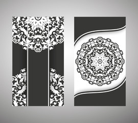 Set of flyer, cover elements of mandala pattern. Oriental motif. Hand painted texture background. Wedding invitations, cards and business templates. Decorative card design printing. Vector EPS 10