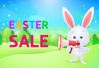 Easter Sale lettering and bunny cartoon character with megaphone. Easter offer advertising design. Typed text, calligraphy. For leaflets, brochures, invitations, posters or banners.