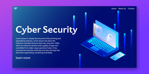 Isometric Cyber Security, Protection of laptop and smartphone concept.Web template design.vector illustration.