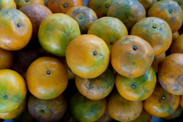 The orange fruit piles are arranged in order for market.