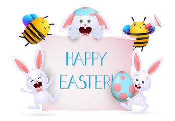 Happy Easter lettering on banner held by bees and bunnies. Easter greeting card. Typed text, calligraphy. For leaflets, brochures, invitations, posters or banners.