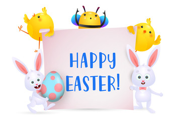 Happy Easter lettering with bee, chicks and bunnies characters. Easter greeting card. Typed text, calligraphy. For leaflets, brochures, invitations, posters or banners.