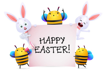 Happy Easter lettering with cute bees and rabbits characters. Easter greeting card. Typed text, calligraphy. For leaflets, brochures, invitations, posters or banners.