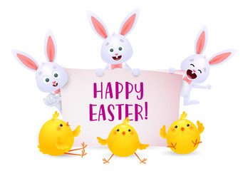 Obraz na płótnie Canvas Happy Easter lettering with cute bunnies and chicks characters. Easter greeting card. Typed text, calligraphy. For leaflets, brochures, invitations, posters or banners.